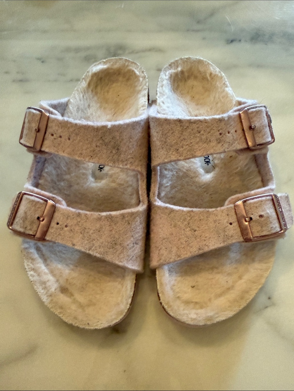 Birkenstock Arizona Kids Sherpa Sandals with Rose Gold Buckles
